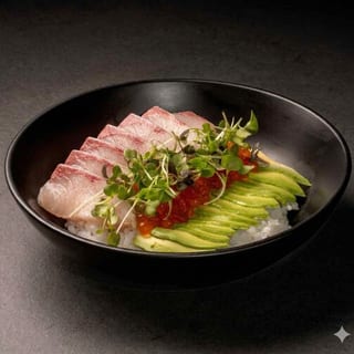 Yellowtail Ikura Avocado Poke Bowl
