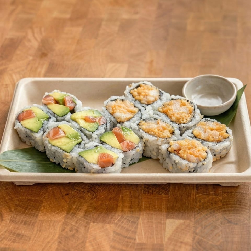 Sushi rolls with salmon, avocado, and crispy toppings, served on a biodegradable tray with a small dish.