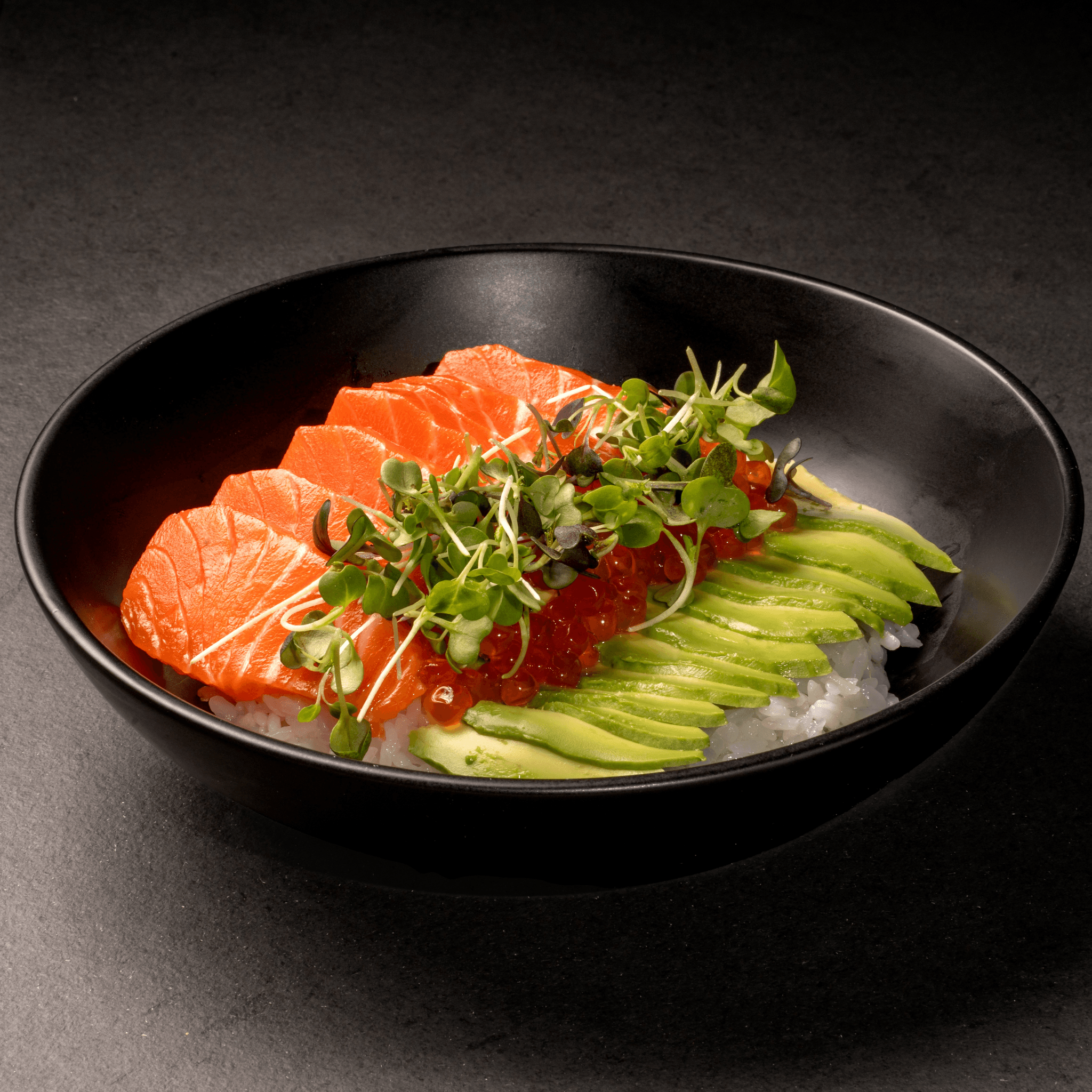 Fatty Salmon Ikura Avocado Donburi.